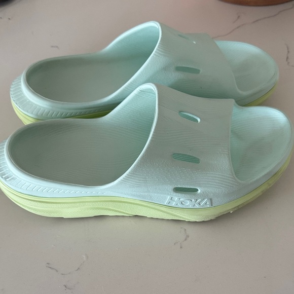 Hoka One One Light Aqua w/ Green Slide Sandals - Picture 4 of 9